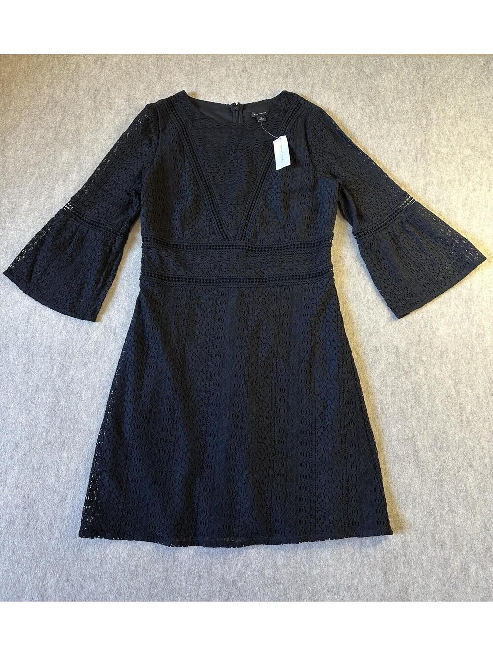 Ann Taylor Girls Dress 14 Black Lace Long Bell Sleeve Back Zip Back Lined